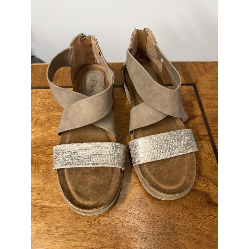 Euro Soft By Sofft Women's 8.5 Stone Taupe Buckle Slide Cork Wide‎ Strap Sandals